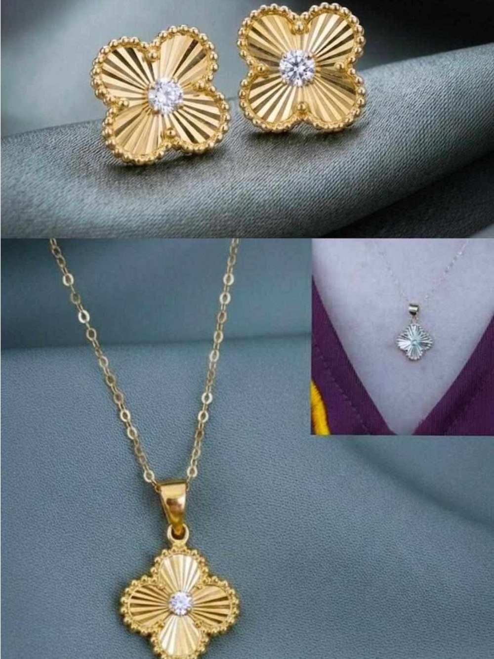 750/18K Gold Flower Necklace and Stud Earrings Set - total of 0.15 CT DIAMONDS